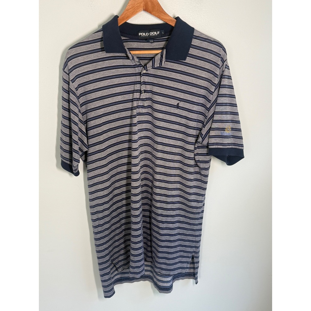 Polo Golf Ralph Lauren Mens Large Blue Grey Striped Willowbend Cotton Polo Shirt